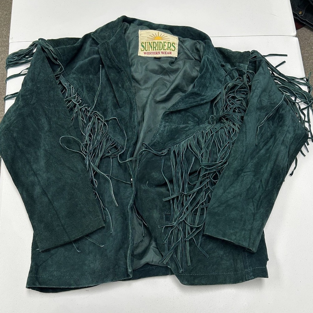 Sunriders Fringe Jacket Womens M Green Good Suede Western Vintage Notched Lapel